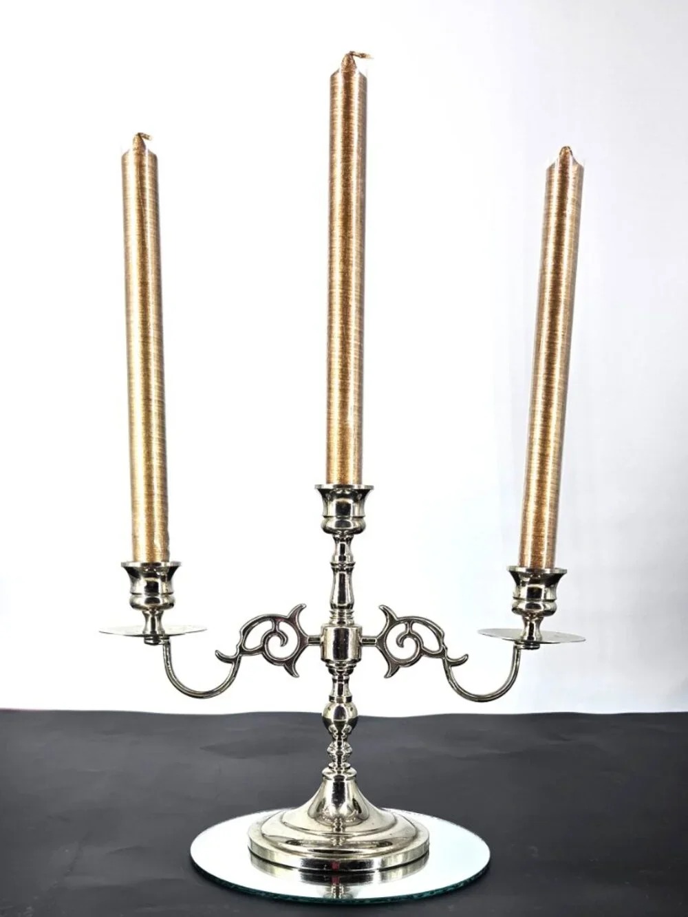 Vintage Silver Metal Ornate Scrollwork 3 Arm Candelabra Taper Candles Weighted